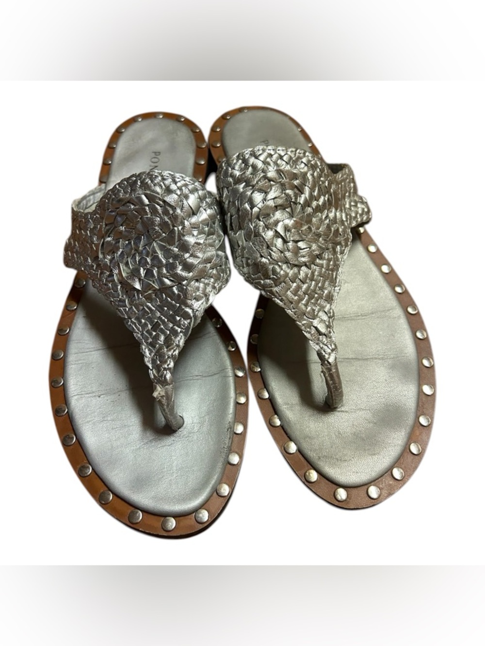 Pons Quintana Metallic Silver Woven Thong Sandals